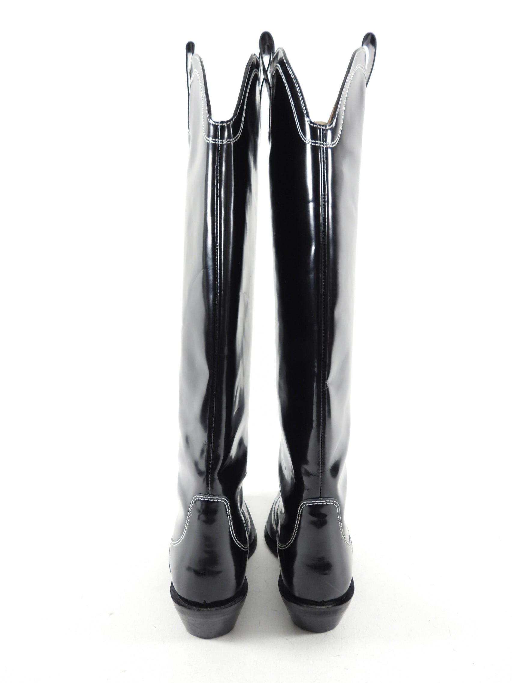 Ganni Black Shiny Leather Top Stitch Tall Western Boots - 40