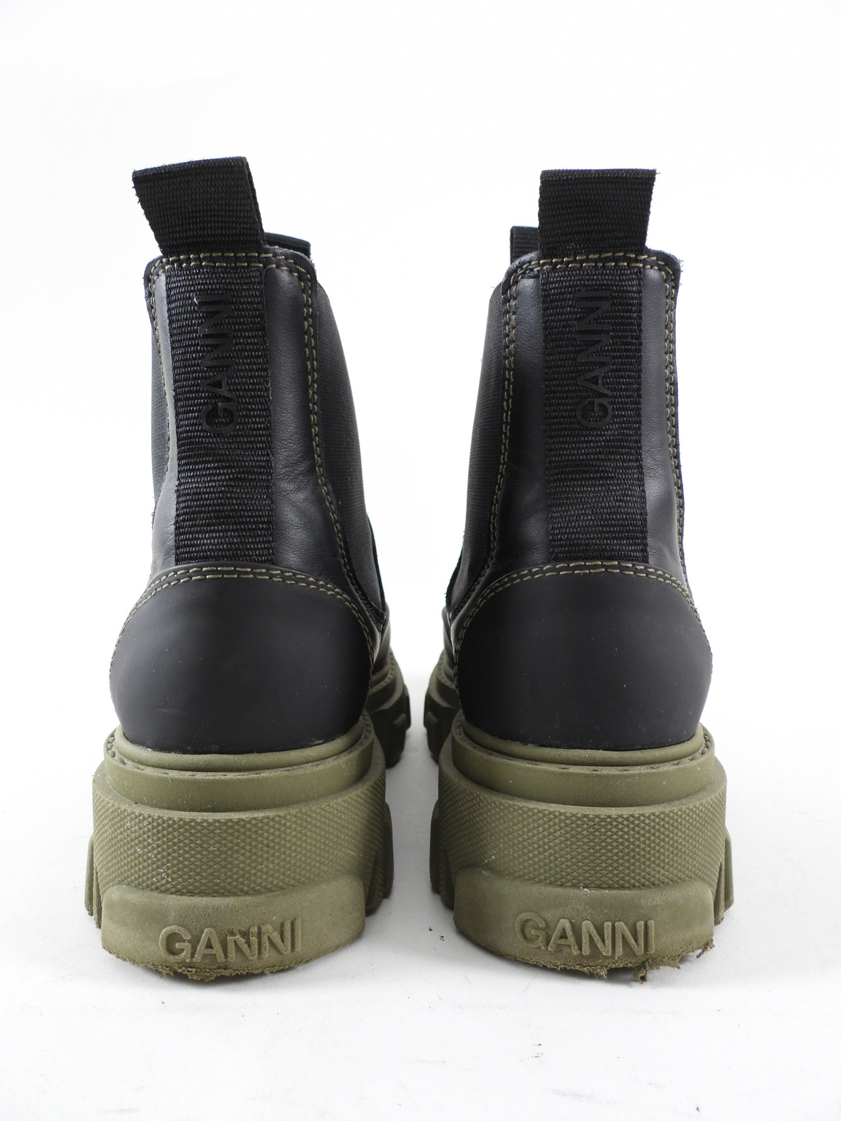 Ganni Black Leather and Green Track Sole Ankle Boots - 36