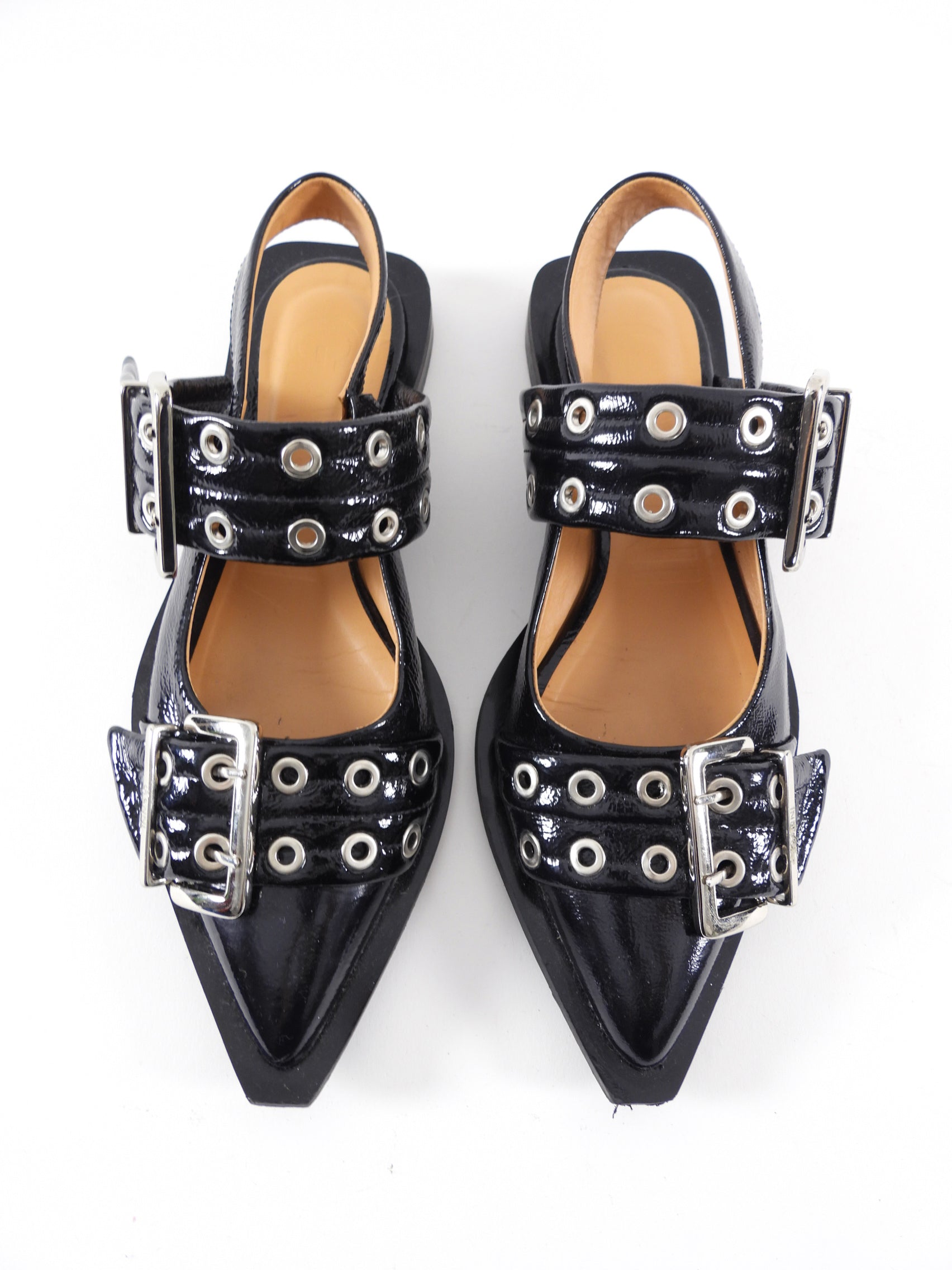 Ganni Black Patent Buckle Sling Flat Shoes - 37