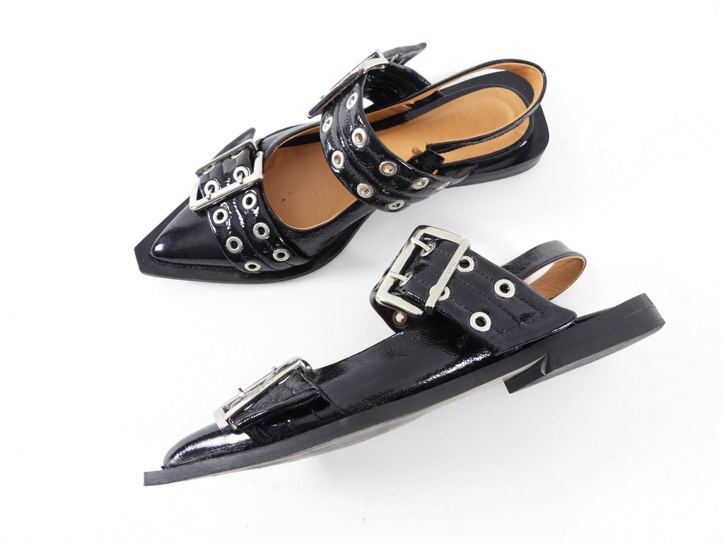 Ganni Black Patent Buckle Sling Flat Shoes - 37
