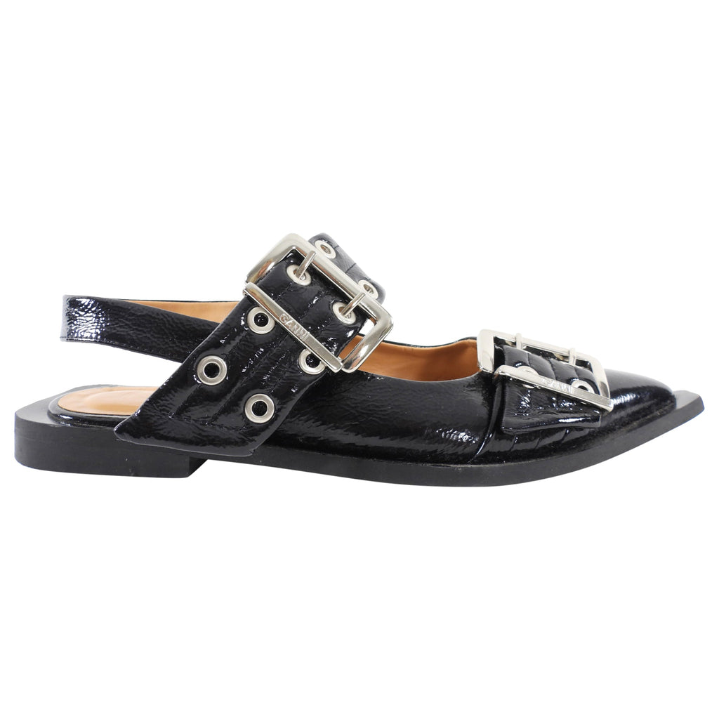 Ganni Black Patent Buckle Sling Flat Shoes - 37