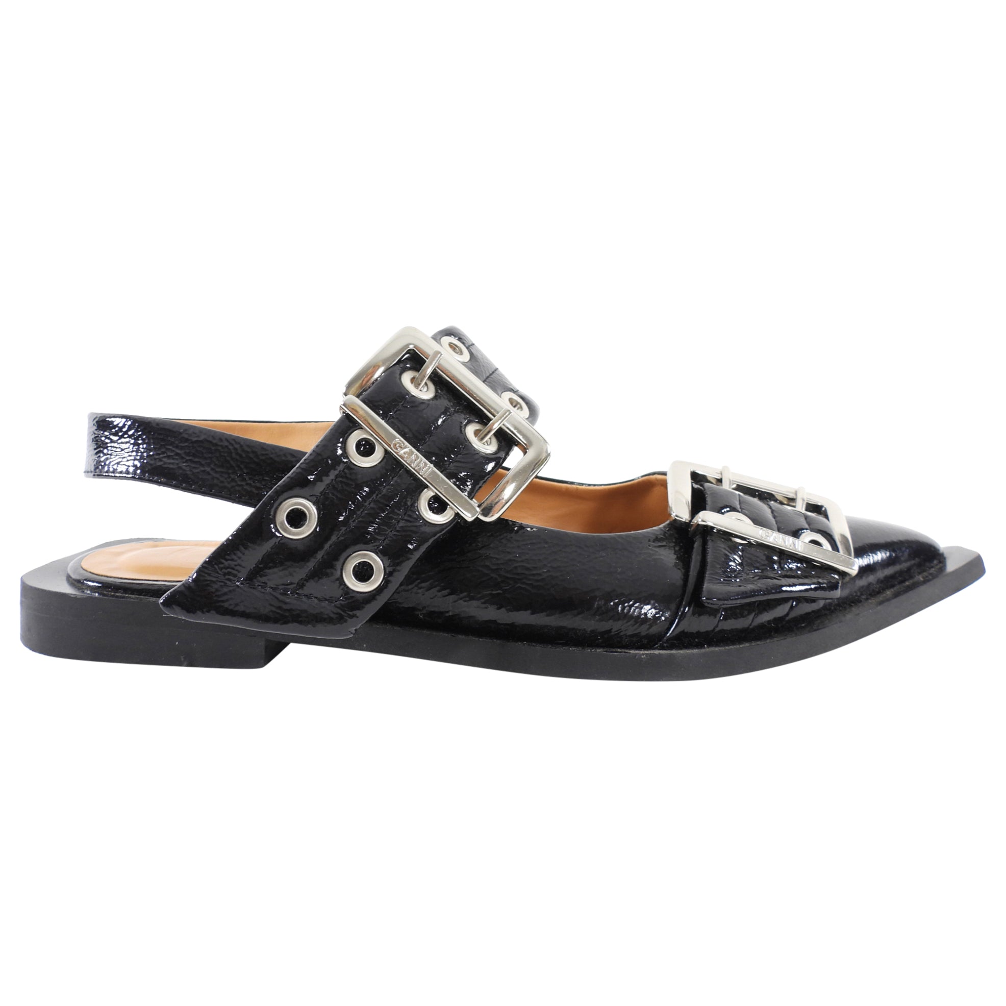 Ganni Black Patent Buckle Sling Flat Shoes - 37