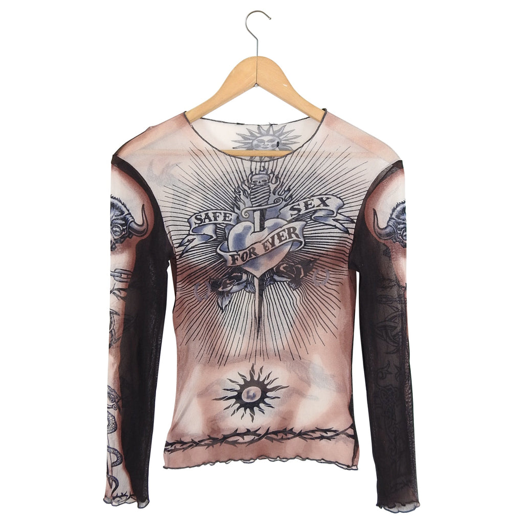 Jean Paul Gaultier Vintage Spring 1994 Safe Sex Forever Tattoo Mesh Top - XS / S