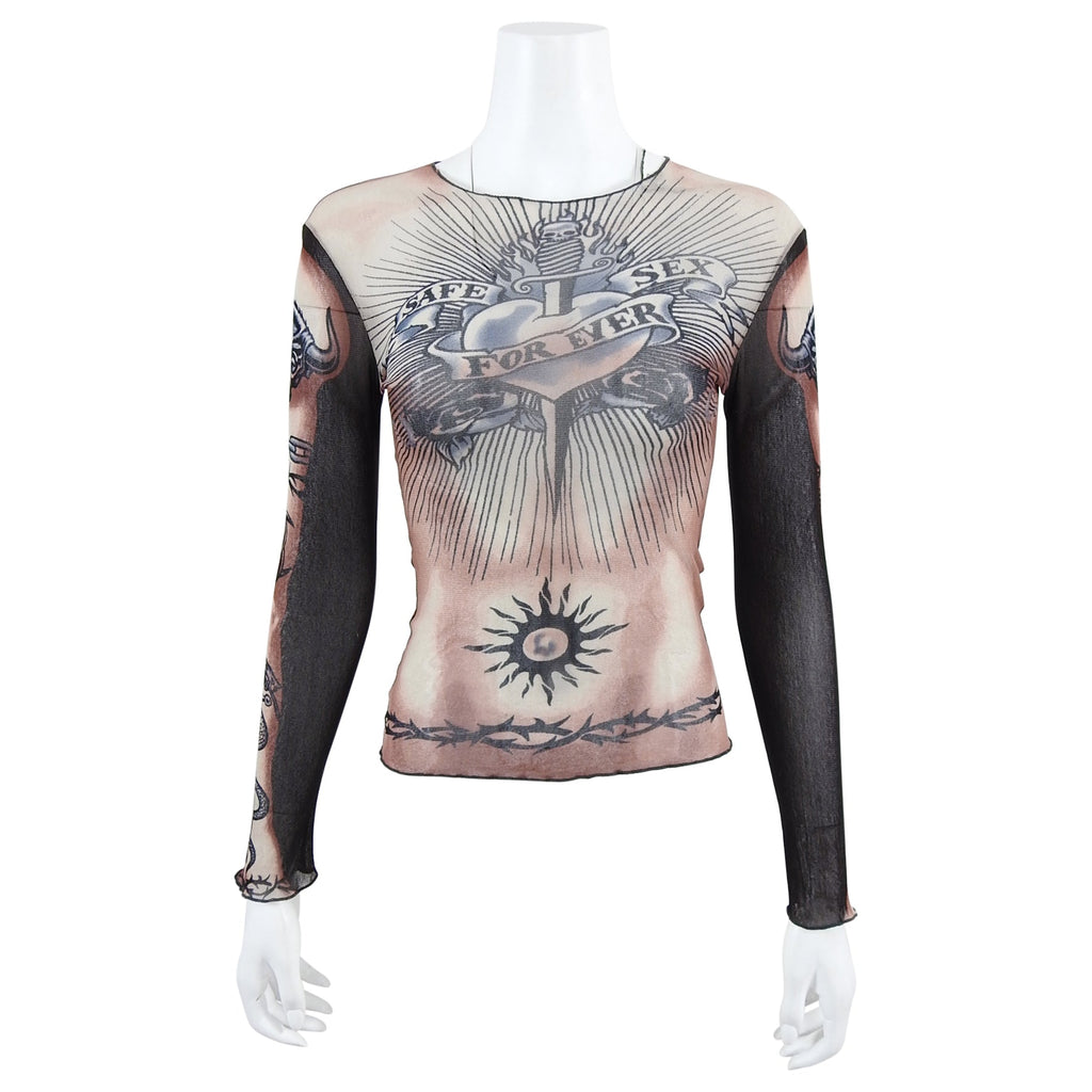 Jean Paul Gaultier Vintage Spring 1994 Safe Sex Forever Tattoo Mesh Top - XS / S