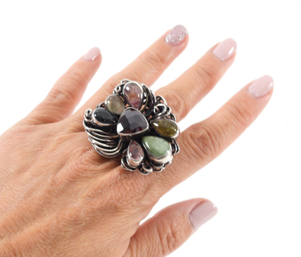 Sterling Silver Large Statement Studio Multi Gemstone Ring - 8.5