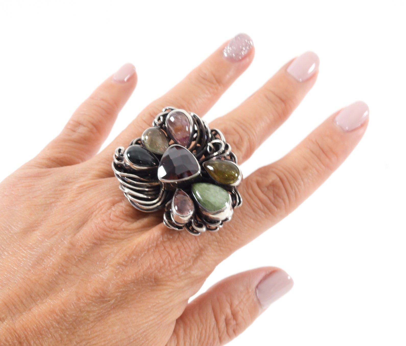 Sterling Silver Large Statement Studio Multi Gemstone Ring - 8.5