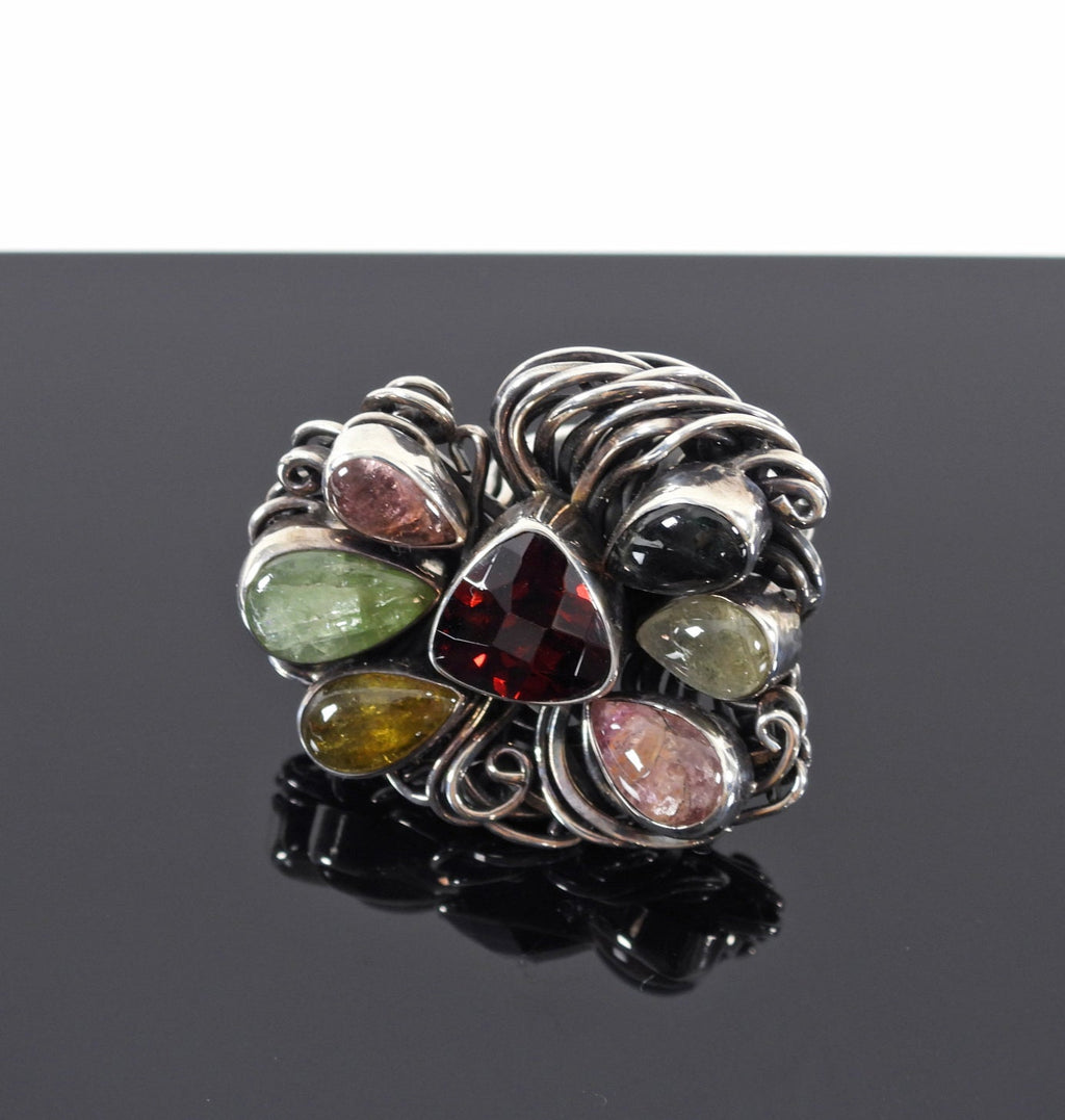 Sterling Silver Large Statement Studio Multi Gemstone Ring - 8.5