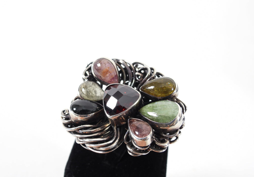 Sterling Silver Large Statement Studio Multi Gemstone Ring - 8.5