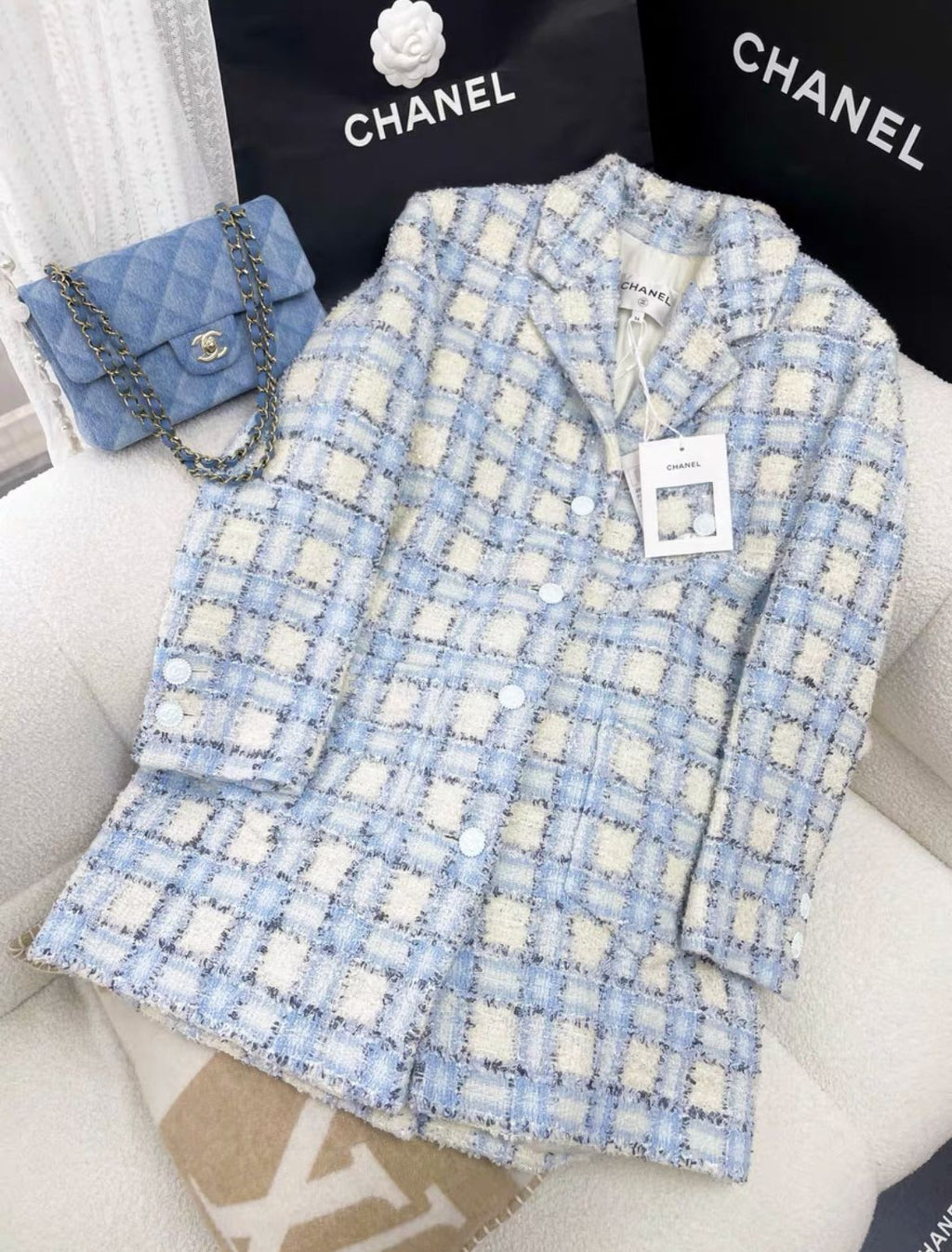 Chanel 2022 light blue Plaid Print Coat