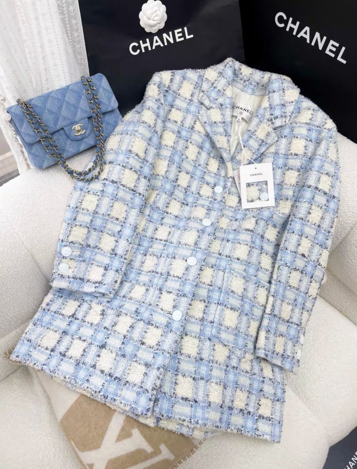 Chanel 2022 light blue Plaid Print Coat