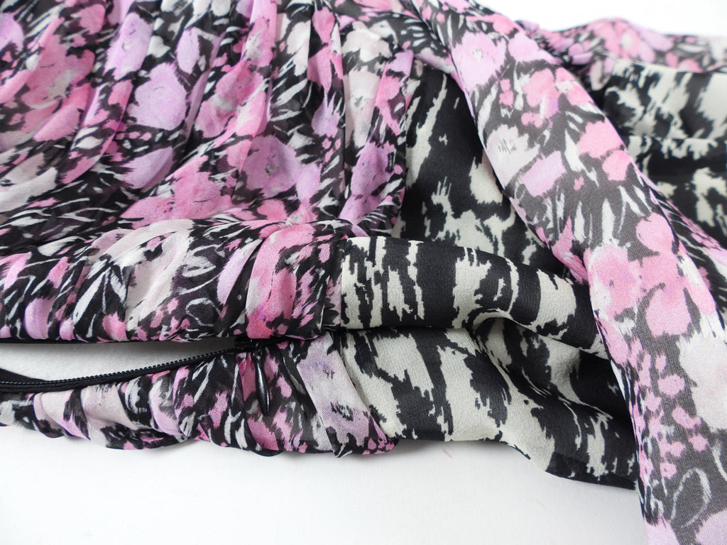 Giambattista Valli Pink and Black Floral Puff Sleeve Silk Dress - IT38 / USA 2