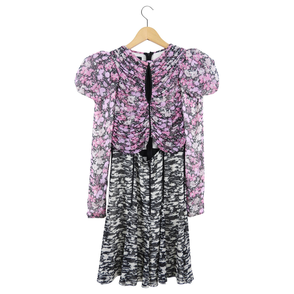 Giambattista Valli Pink and Black Floral Puff Sleeve Silk Dress - IT38 / USA 2