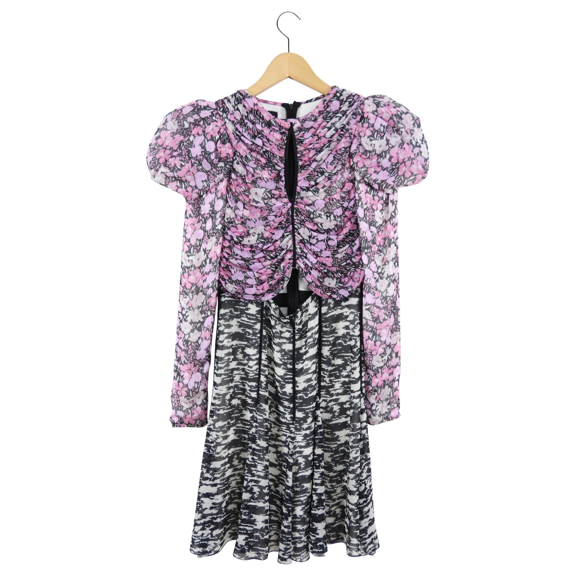 Giambattista Valli Pink and Black Floral Puff Sleeve Silk Dress - IT38 / USA 2