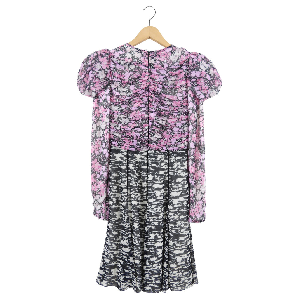 Giambattista Valli Pink and Black Floral Puff Sleeve Silk Dress - IT38 / USA 2