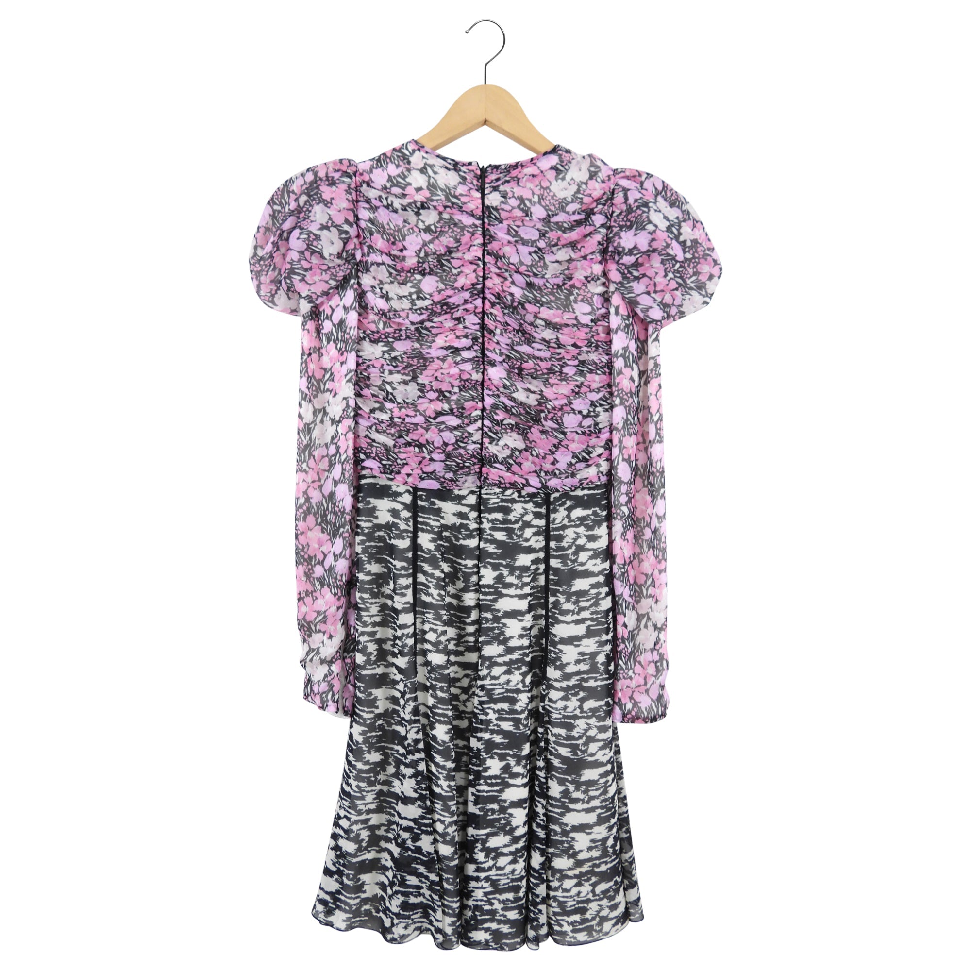 Giambattista Valli Pink and Black Floral Puff Sleeve Silk Dress - IT38 / USA 2