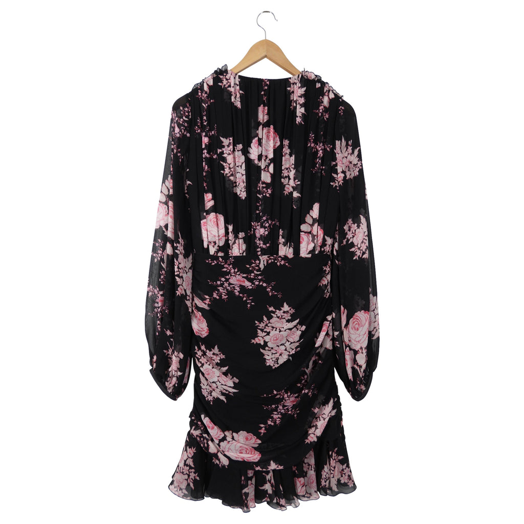 Giambattista Valli Black and Pink Roses Chiffon Long Sleeve Dress - IT42 / S (4/6)