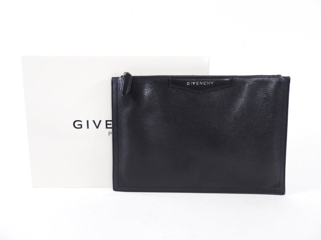 Givenchy Black Leather Antigona Zippered Pouch Clutch Bag
