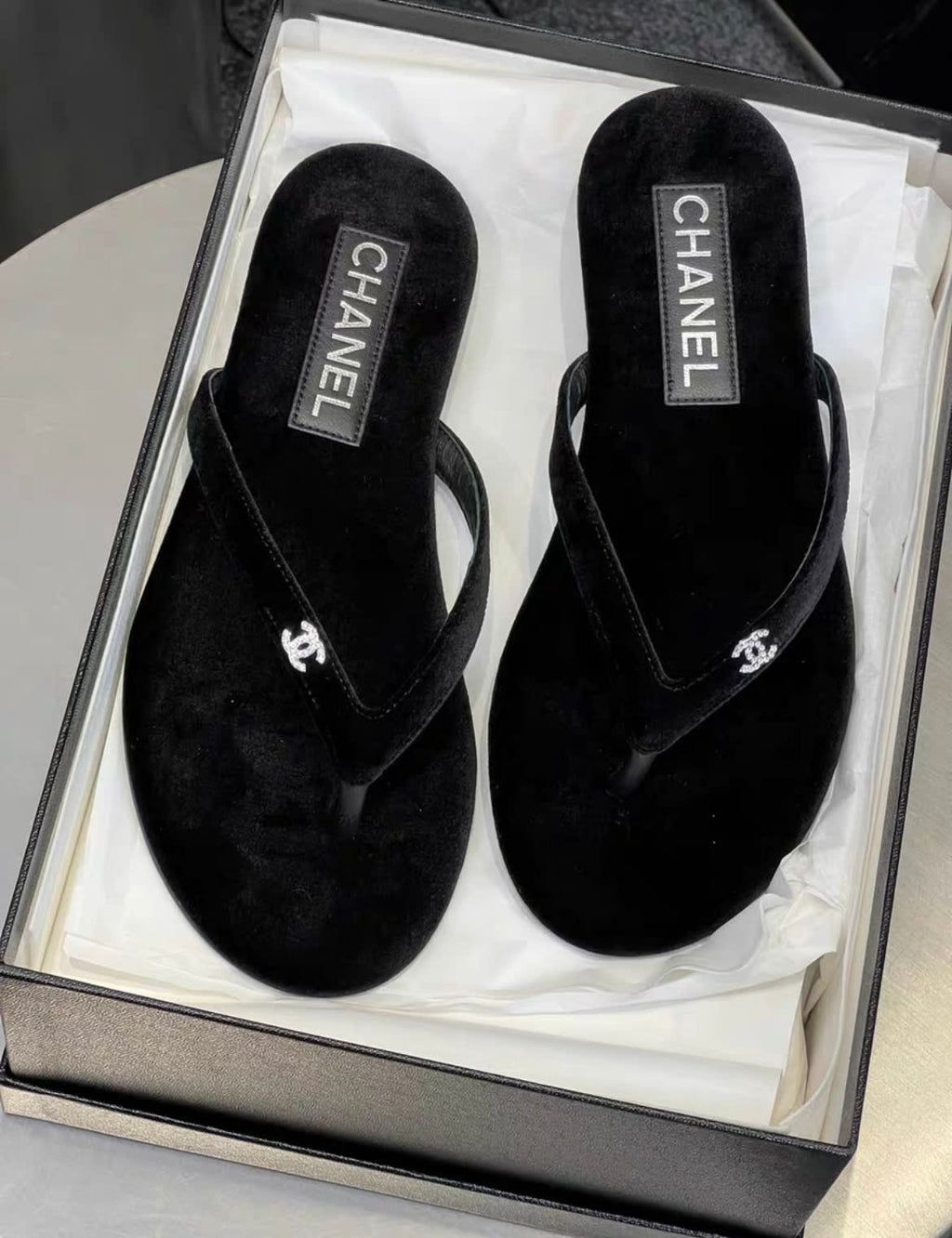 Chanel 24S black velvet diamond CC slippers