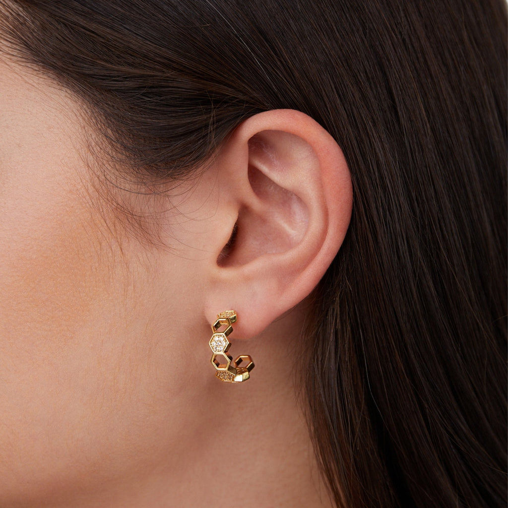 Gold & Crystal Honeycomb Hoop Earrings