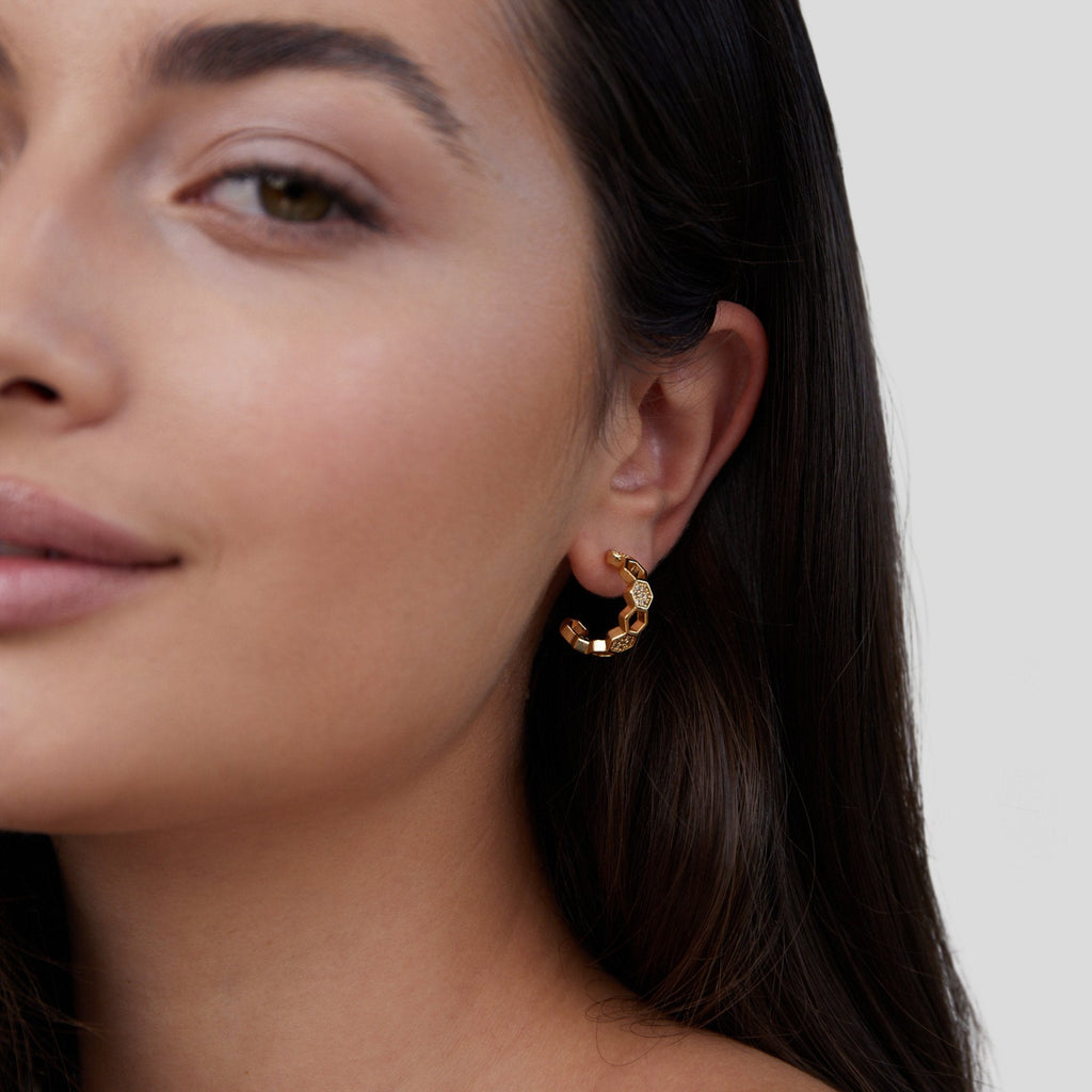 Gold & Crystal Honeycomb Hoop Earrings