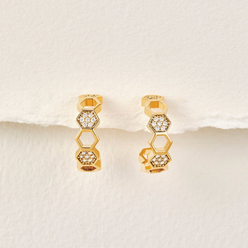 Gold & Crystal Honeycomb Hoop Earrings
