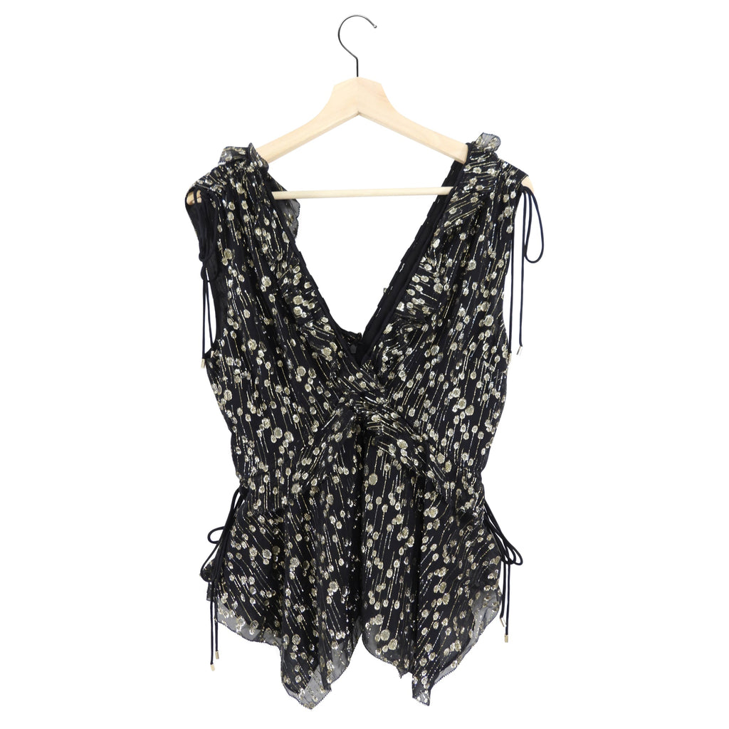 Derek Lam Black and Gold Metallic Dot Ruffle Boho Top - 6