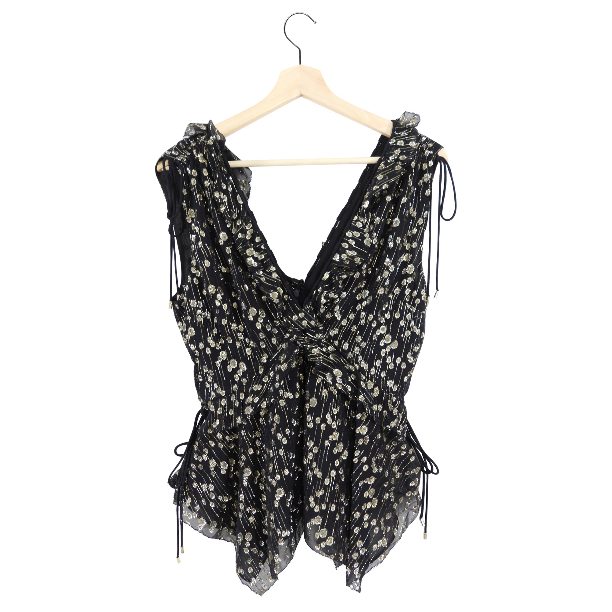 Derek Lam Black and Gold Metallic Dot Ruffle Boho Top - 6