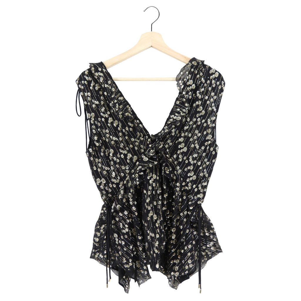 Derek Lam Black and Gold Metallic Dot Ruffle Boho Top - 6