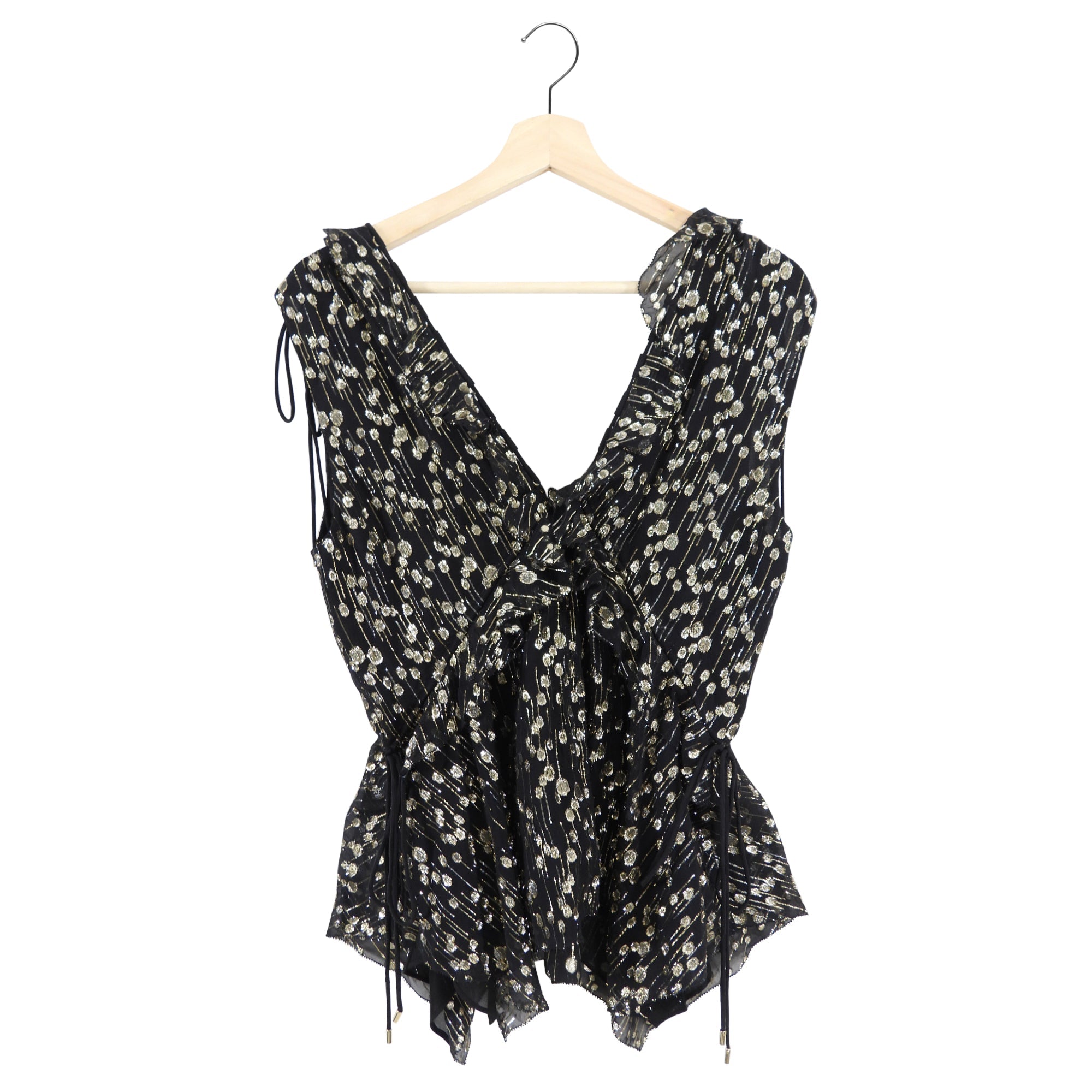 Derek Lam Black and Gold Metallic Dot Ruffle Boho Top - 6