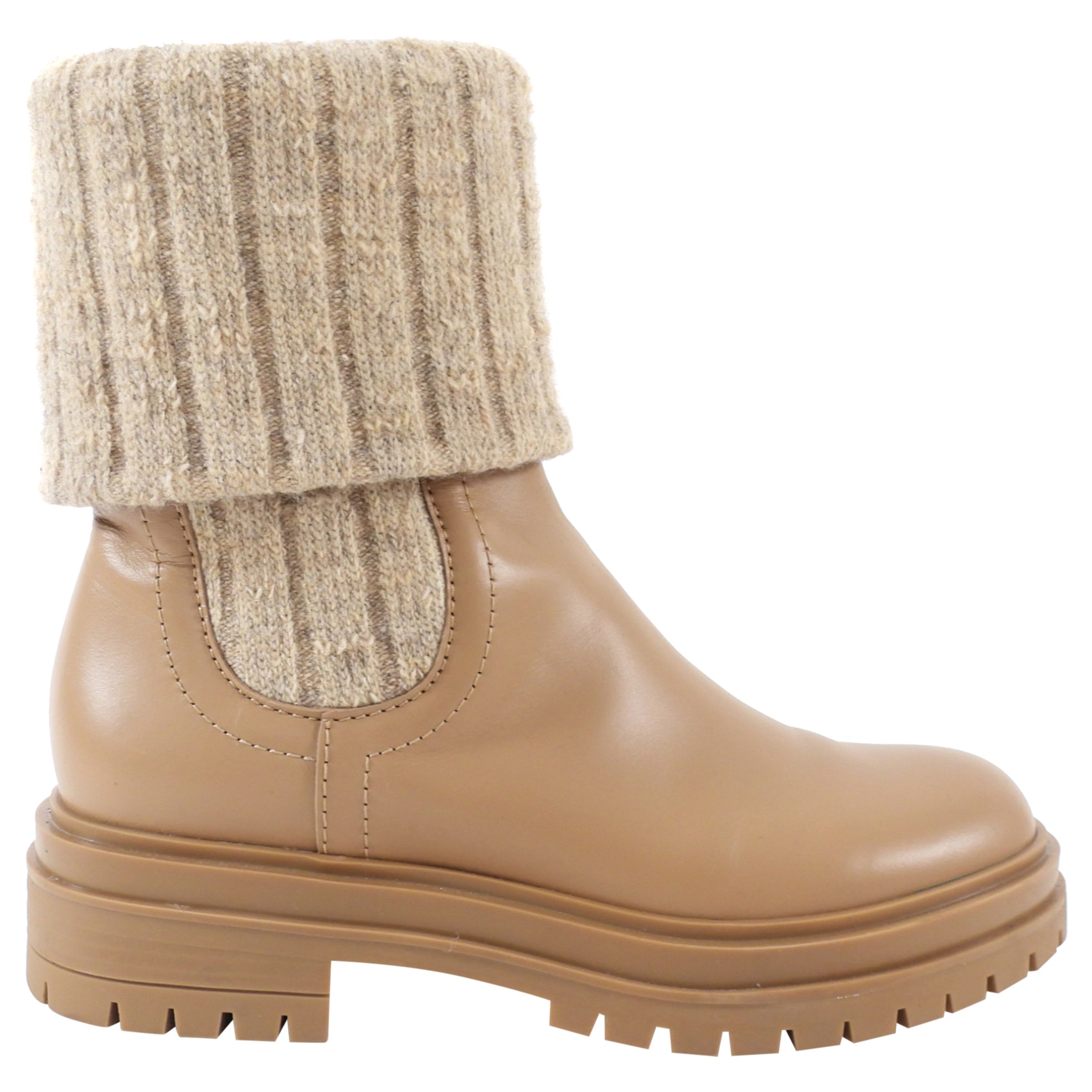 Gianvito Rossi Camel Leather Knit Tenney Boot - 37