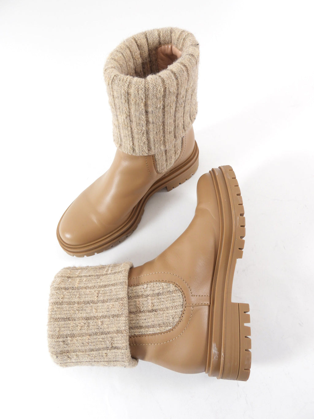 Gianvito Rossi Camel Leather Knit Tenney Boot - 37