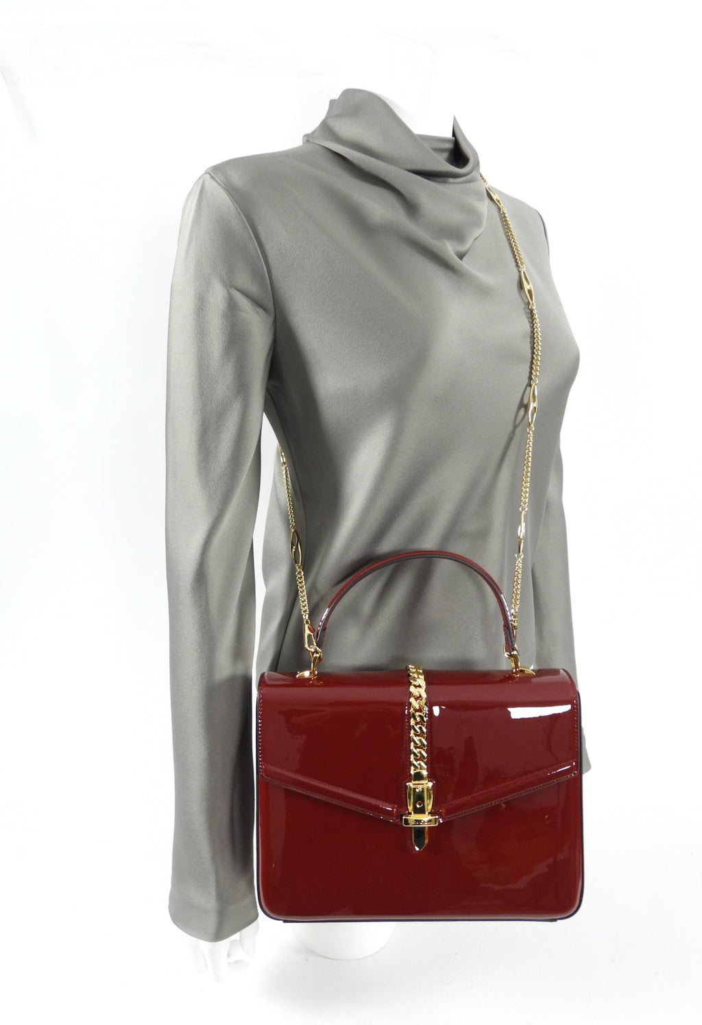Gucci 1969 Sylvie Small Red Patent Top Handle Two-Way Bag