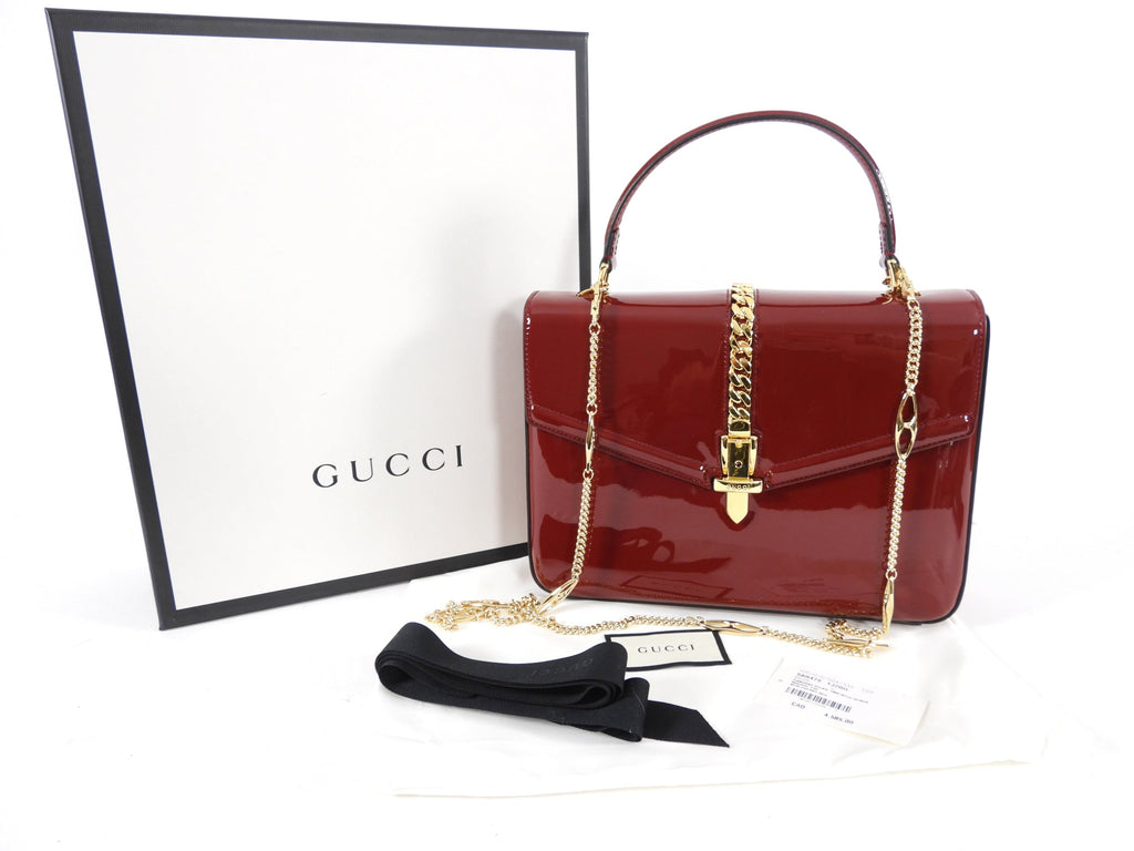 Gucci 1969 Sylvie Small Red Patent Top Handle Two-Way Bag
