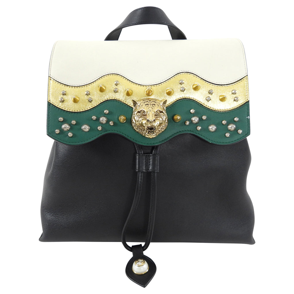 Gucci Malin Backpack Green, Ivory, Black with Tiger Head