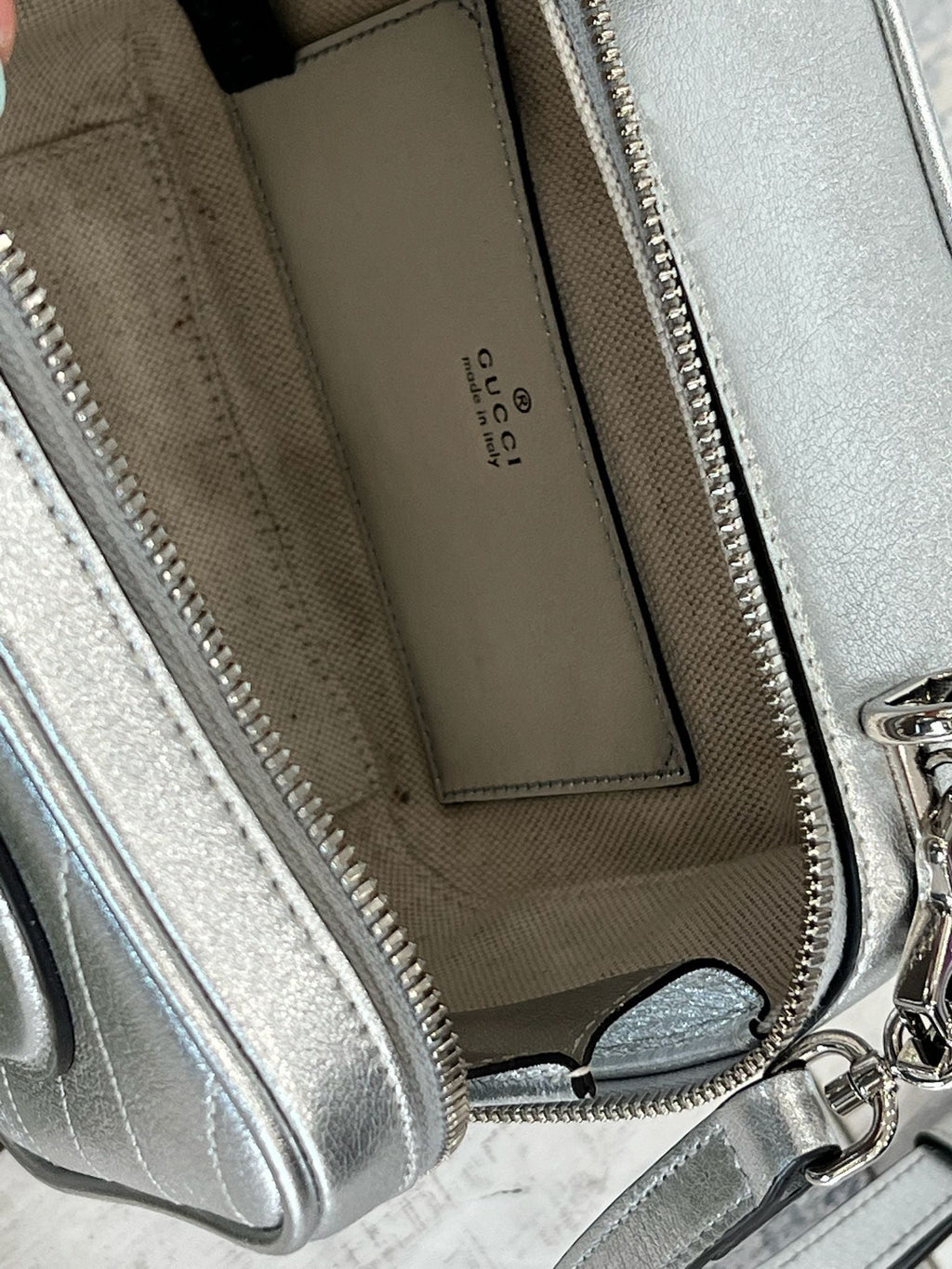 GUCCI BLONDIE METALLIC CALFSKIN LEATHER TOP HANDLE BAG