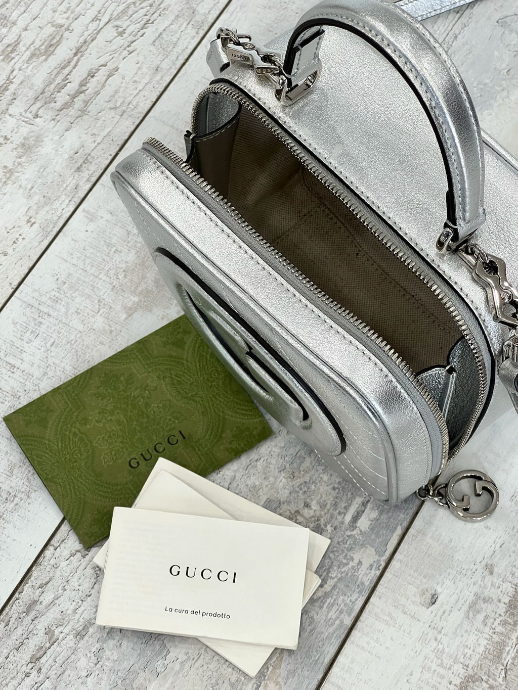 GUCCI BLONDIE METALLIC CALFSKIN LEATHER TOP HANDLE BAG