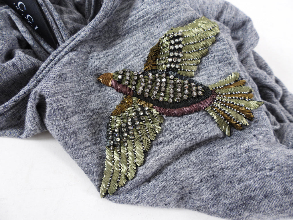 Gucci Grey T-Shirt with Jewel Embroidered Bird - USA 6