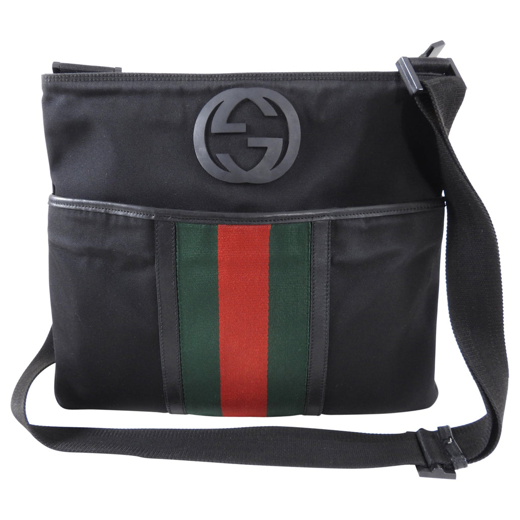 Gucci Black Nylon Web Stripe Messenger Crossbody Bag
