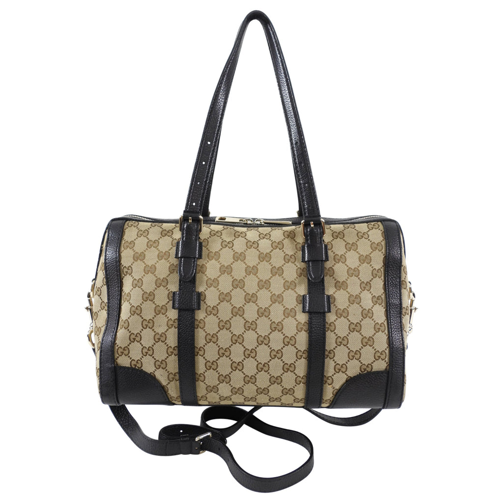 Gucci Monogram Canvas and Black Leather Two Way Bag with Shoulder Strap