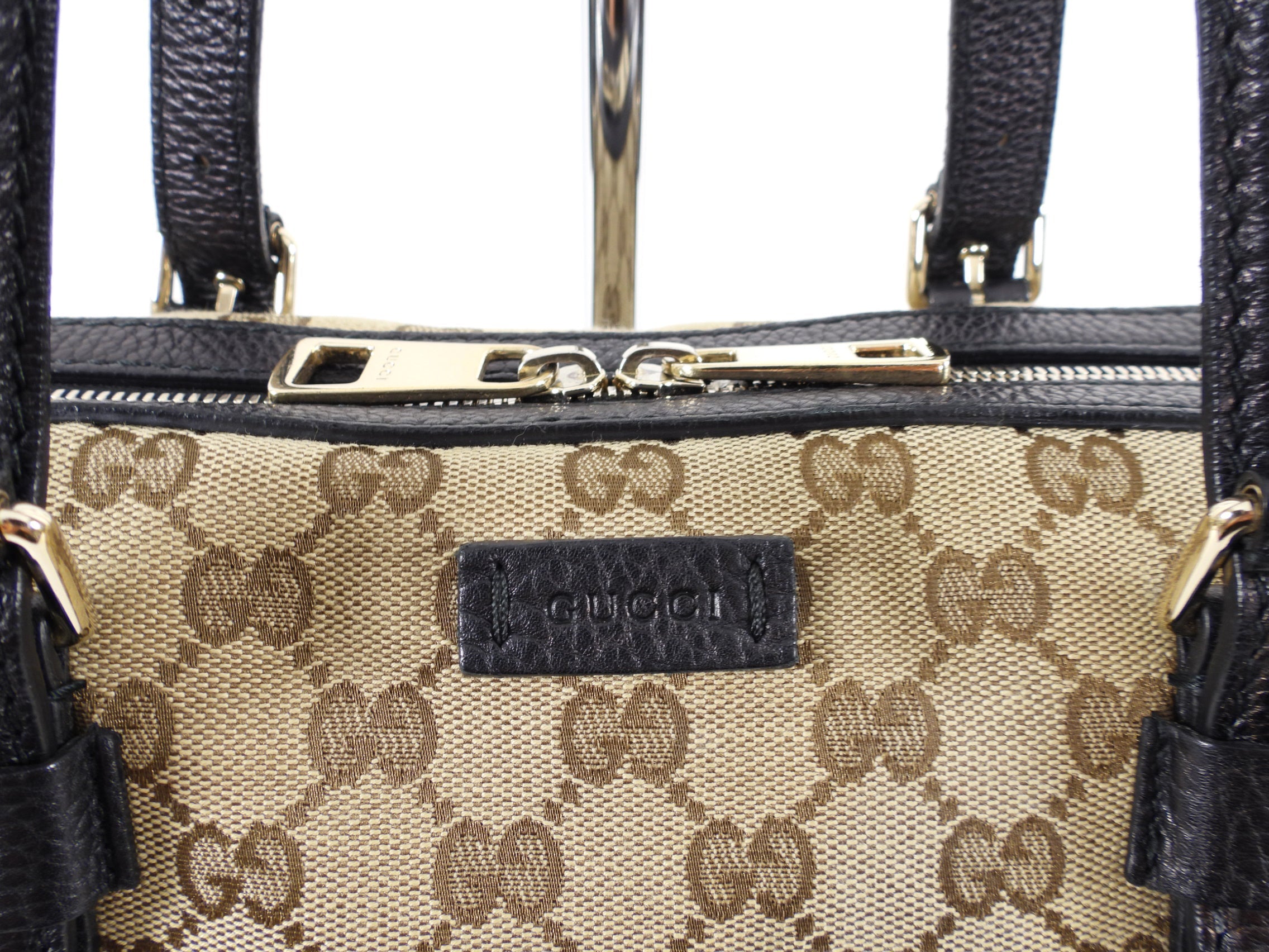 Gucci Monogram Canvas and Black Leather Two Way Bag with Shoulder Strap