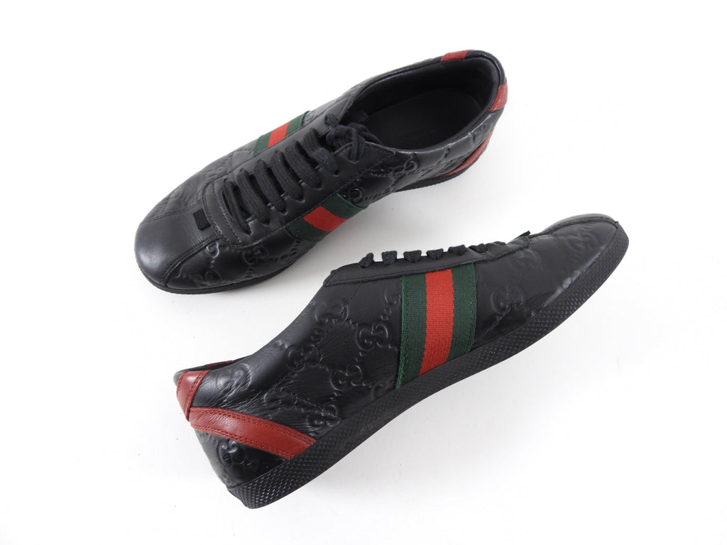 Gucci Black Guccissima Leather Sneakers with Web Stripe - 36