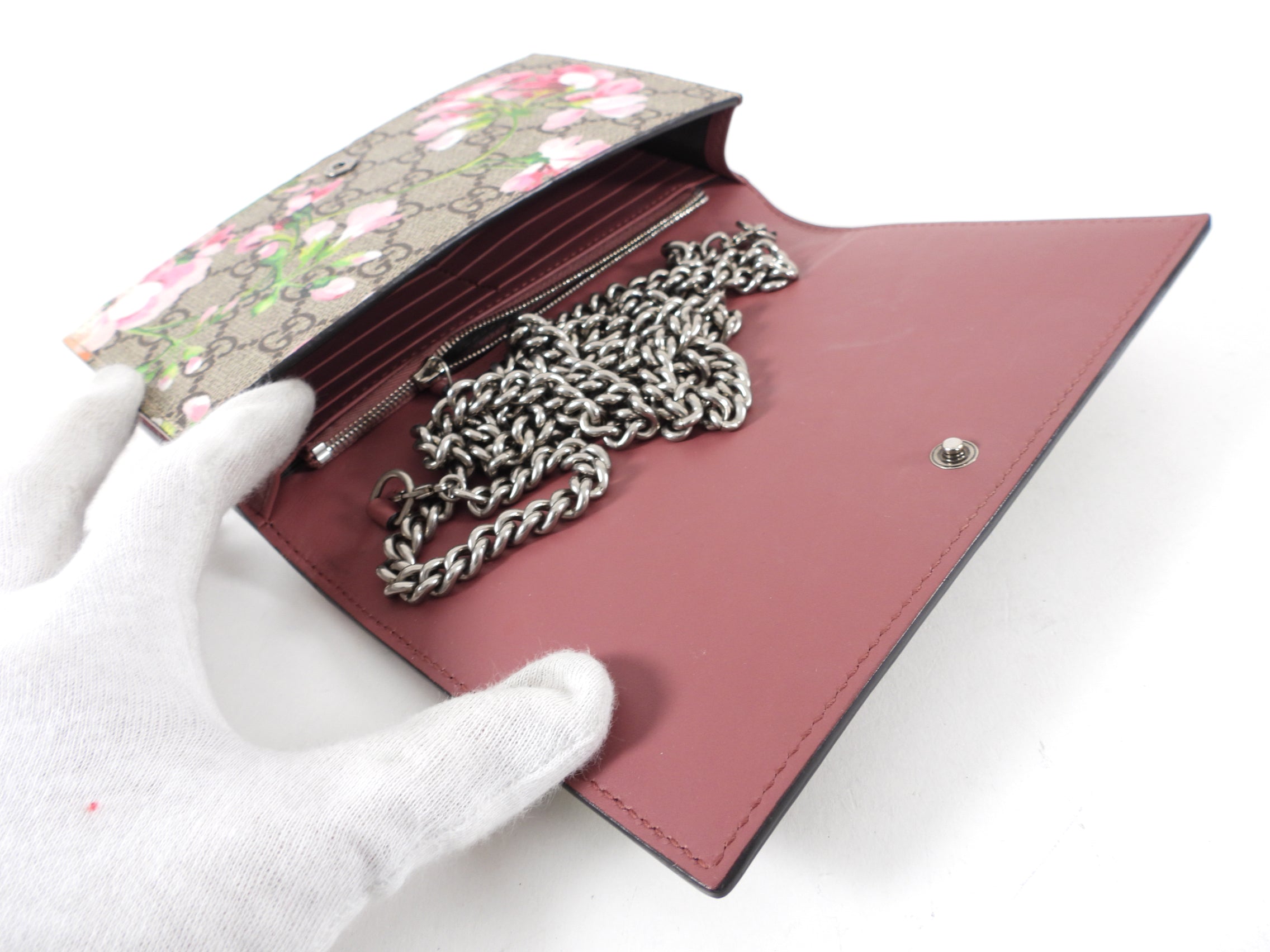 Gucci Blooms Monogram Supreme Pink Floral Wallet on Chain