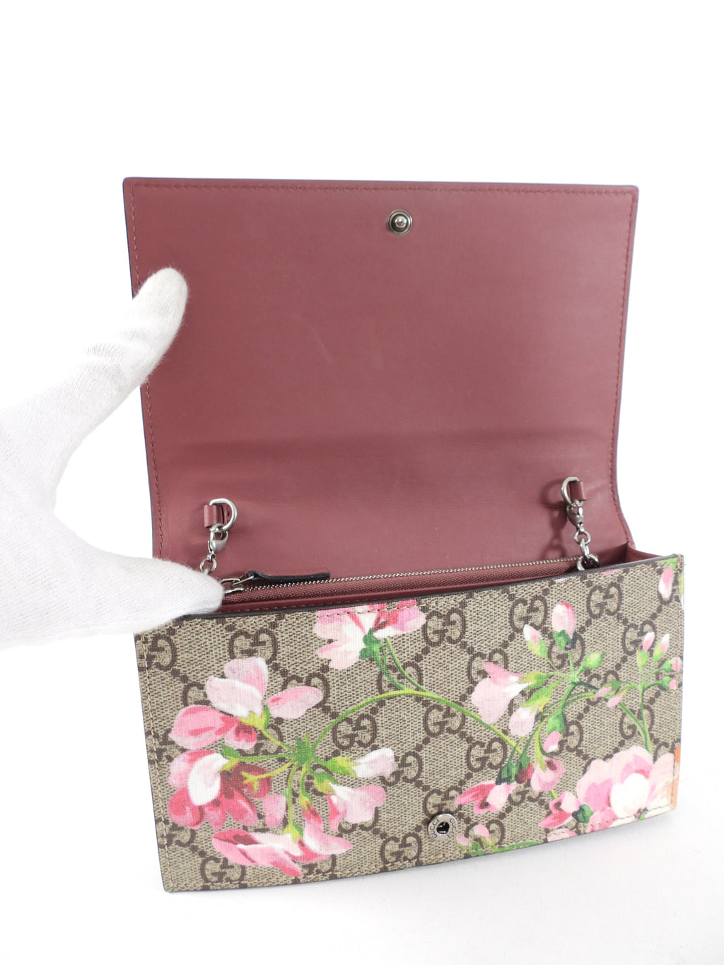 Gucci Blooms Monogram Supreme Pink Floral Wallet on Chain