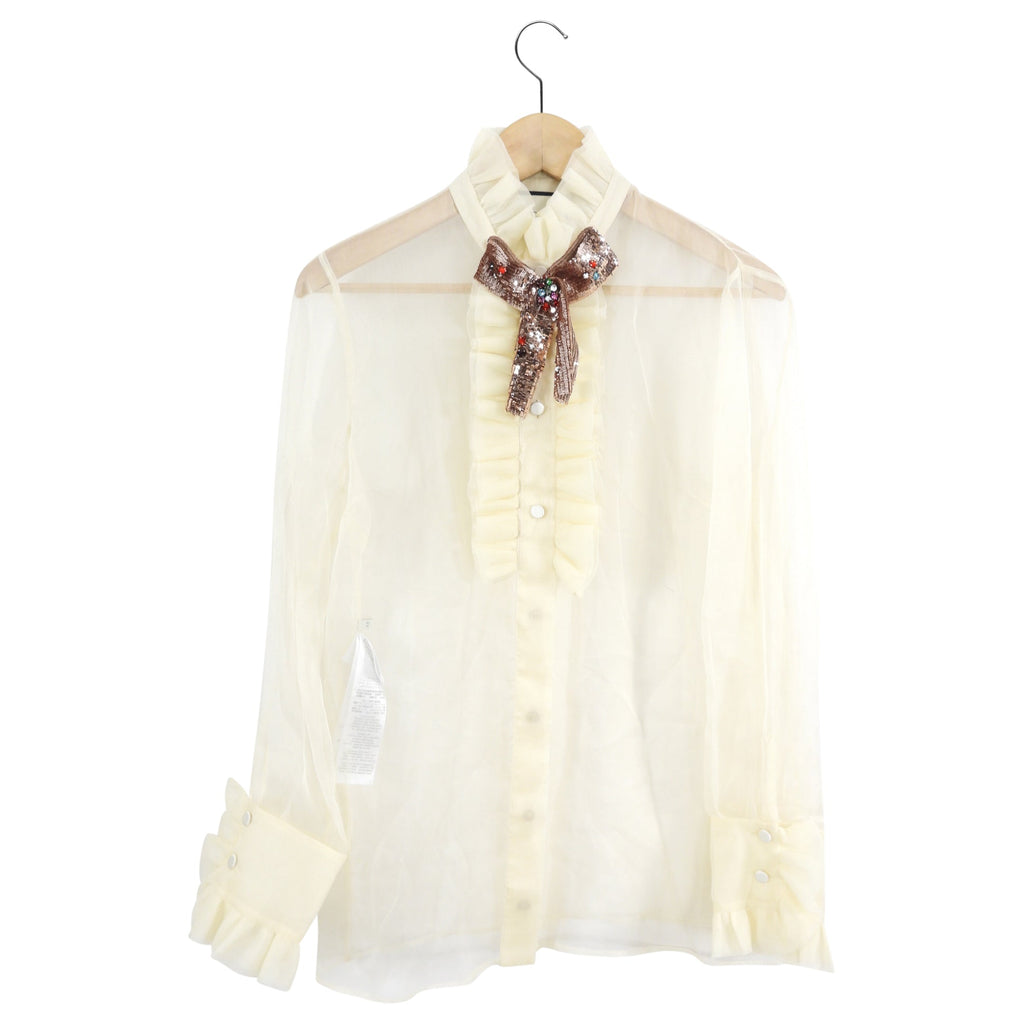 Gucci Ivory Sheer Organza Ruffle Blouse with Sequin Collar - M