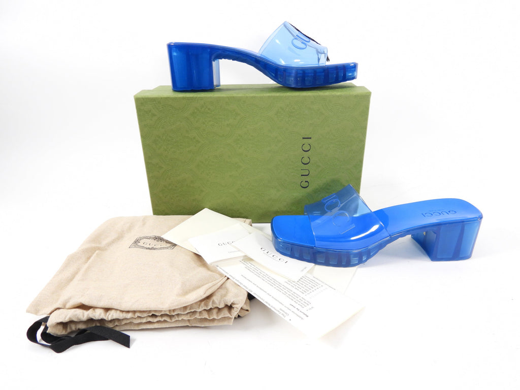 Gucci Blue Jelly Block Heel Logo Sandals - 40