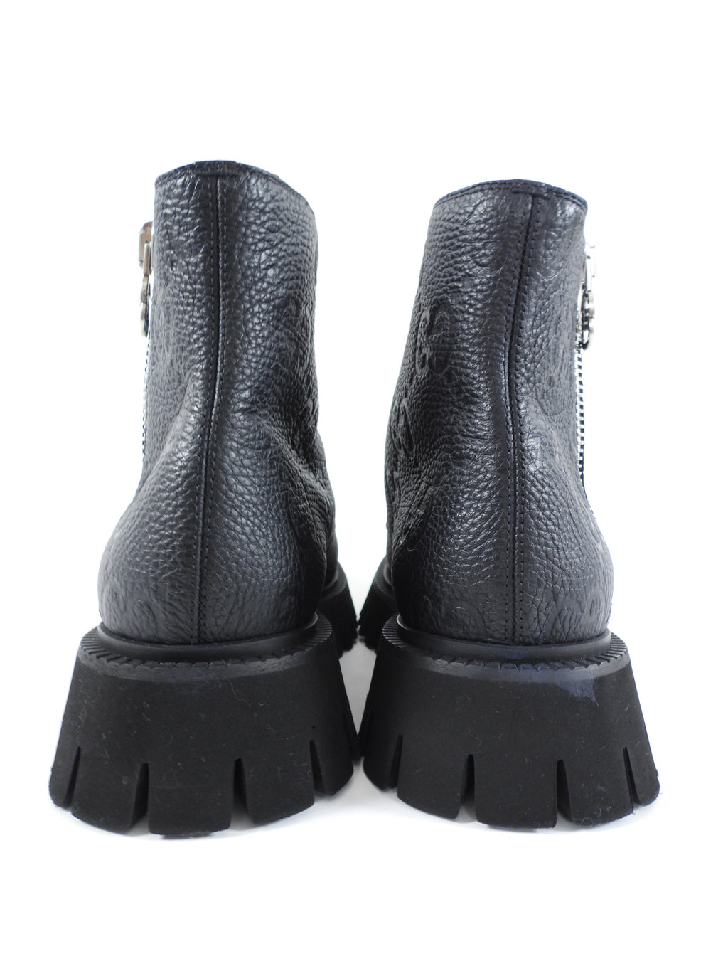Gucci Black Leather GG Embossed Zip Combat Boots - 39.5