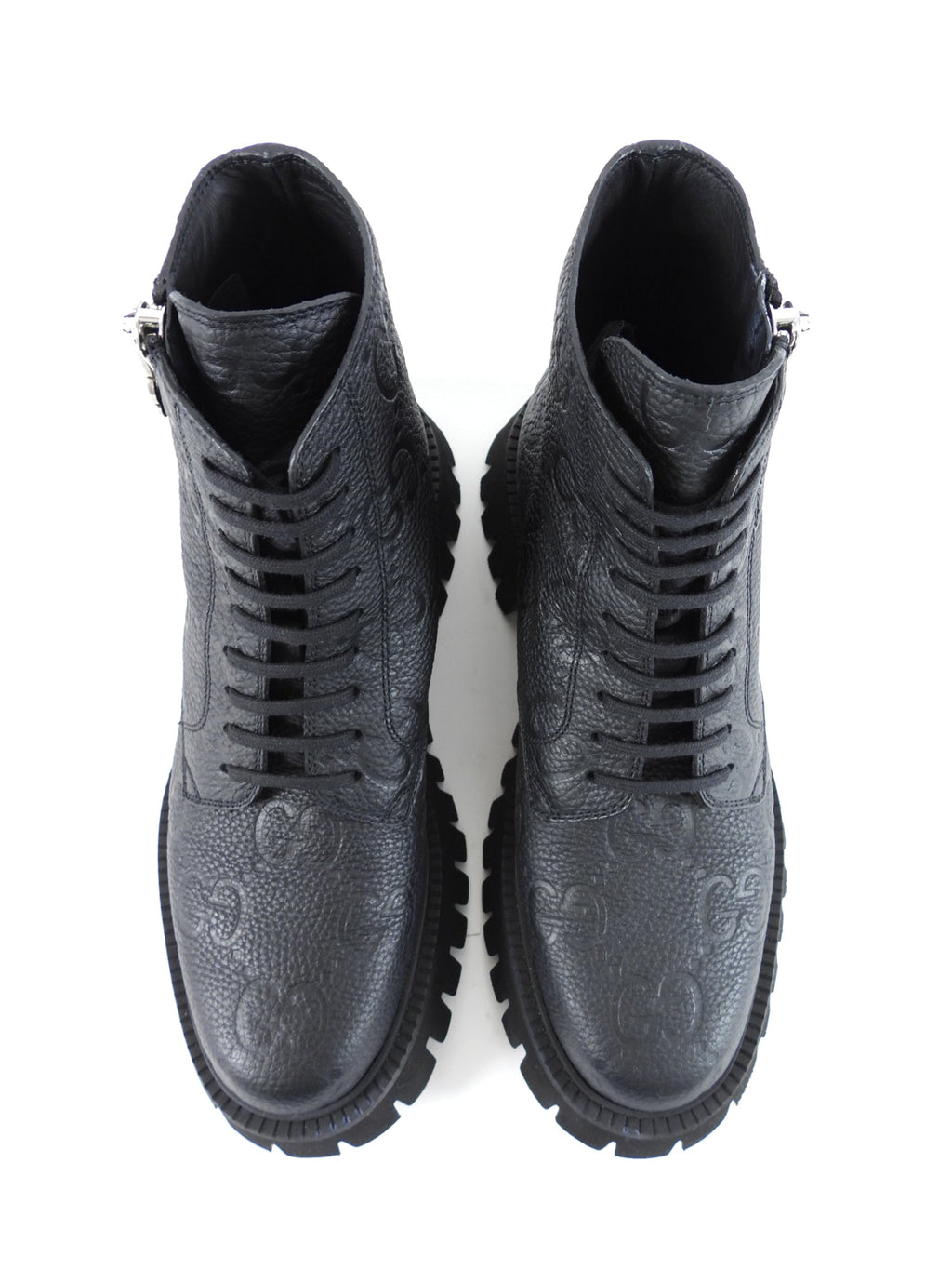 Gucci Black Leather GG Embossed Zip Combat Boots - 39.5