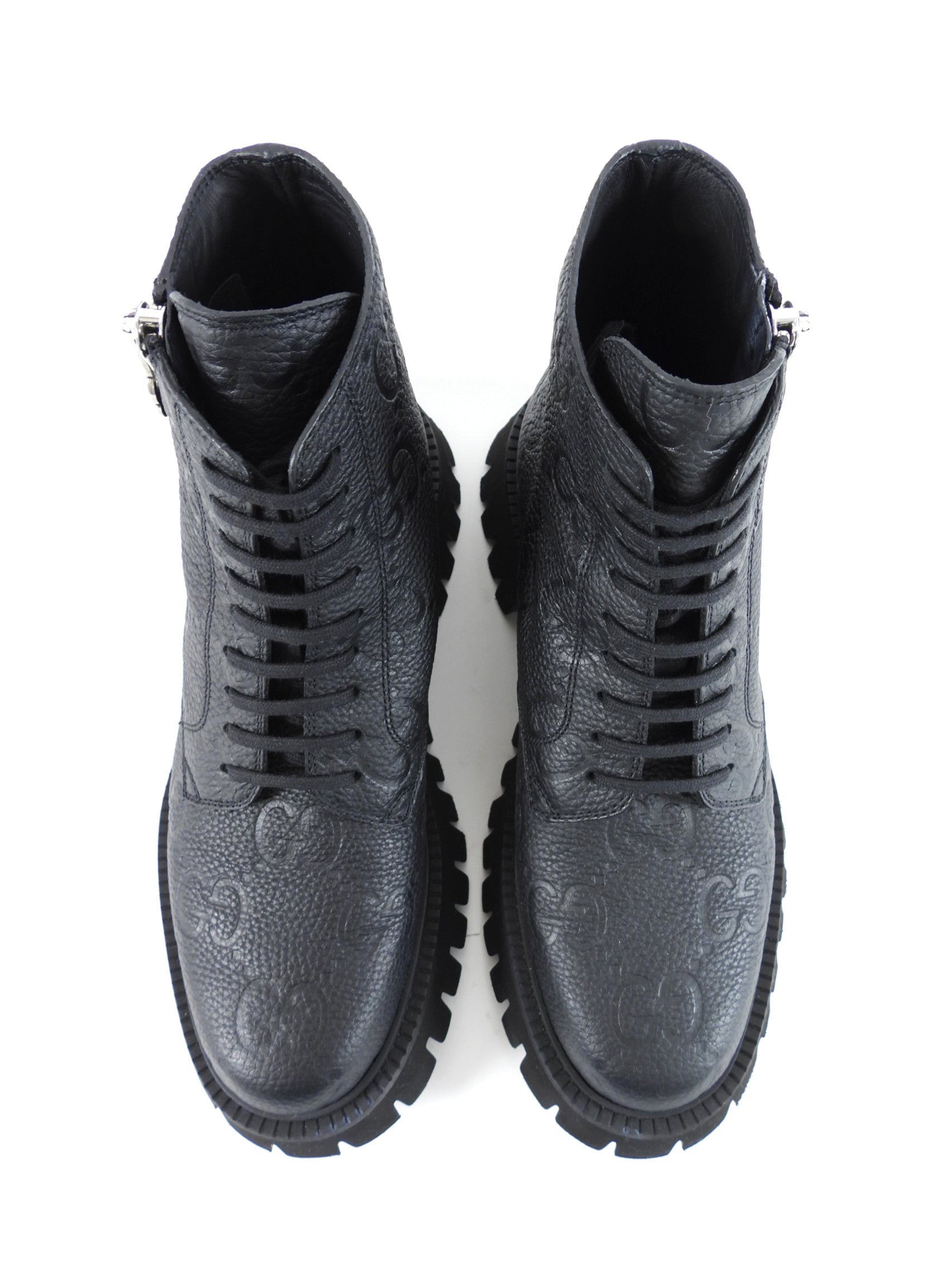 Gucci Black Leather GG Embossed Zip Combat Boots - 39.5