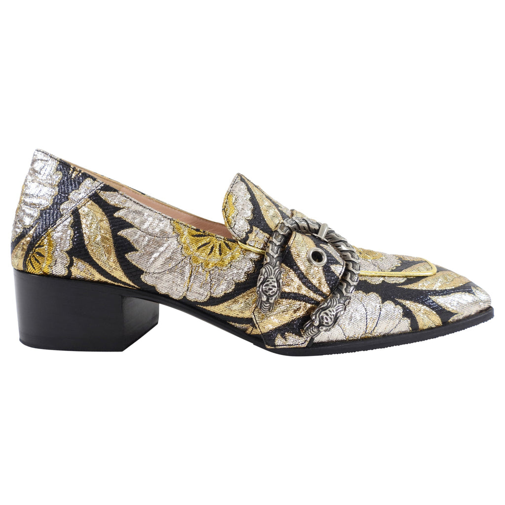 Gucci Gold Silver Black Brocade Dionysus Pump Loafers - 37