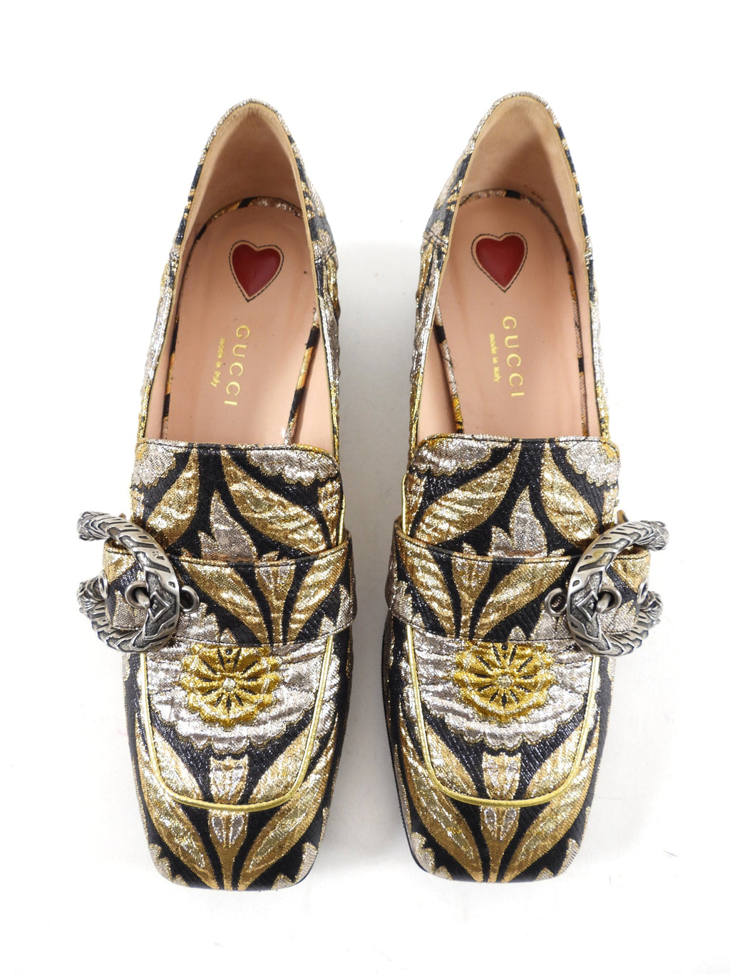 Gucci Gold Silver Black Brocade Dionysus Pump Loafers - 37